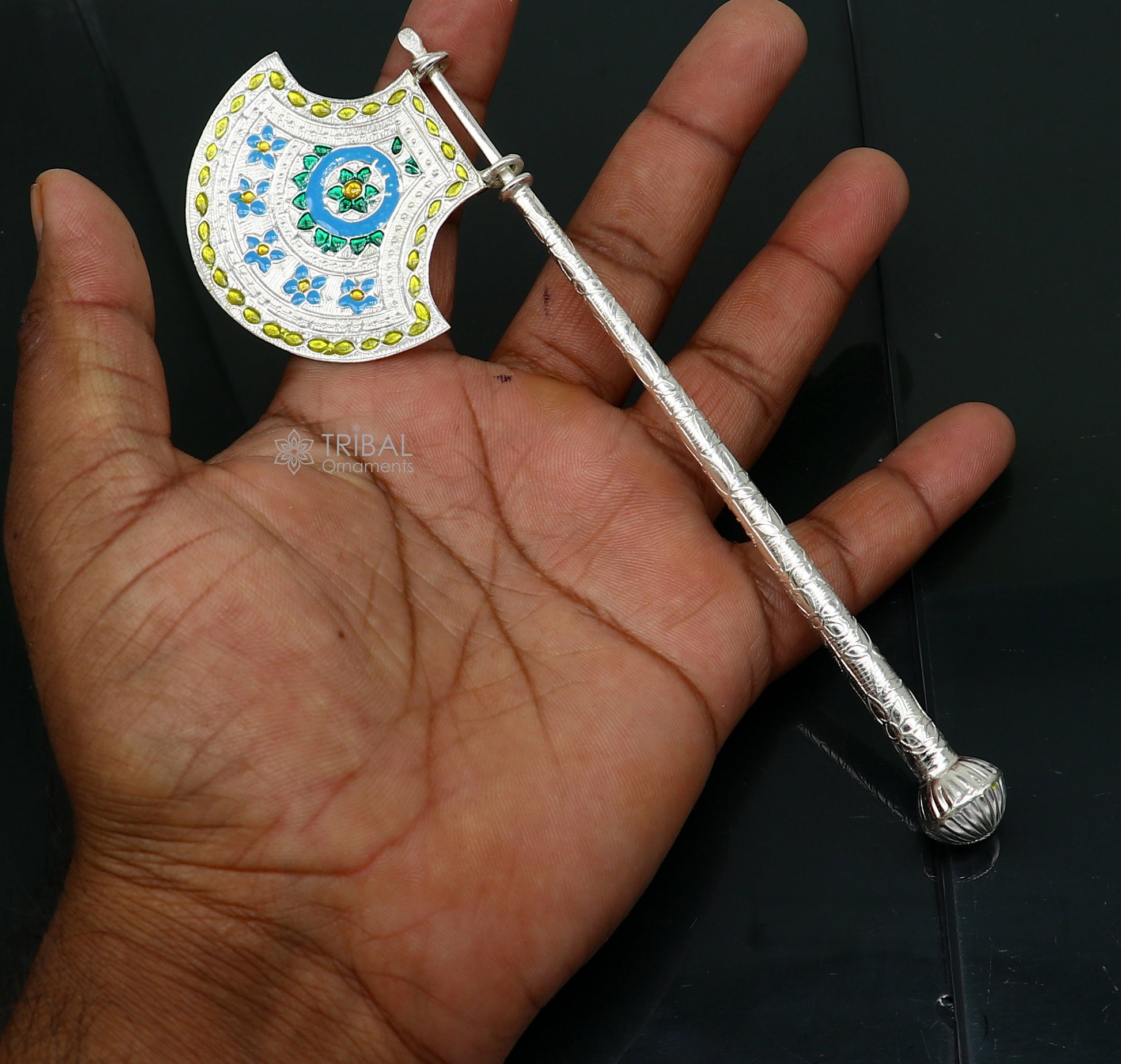 925 sterling silver pankhi, floral design small fan or pankhi for god puja, best gifting laddu gopala krishna, silver hand driven fan su1174 - TRIBAL ORNAMENTS