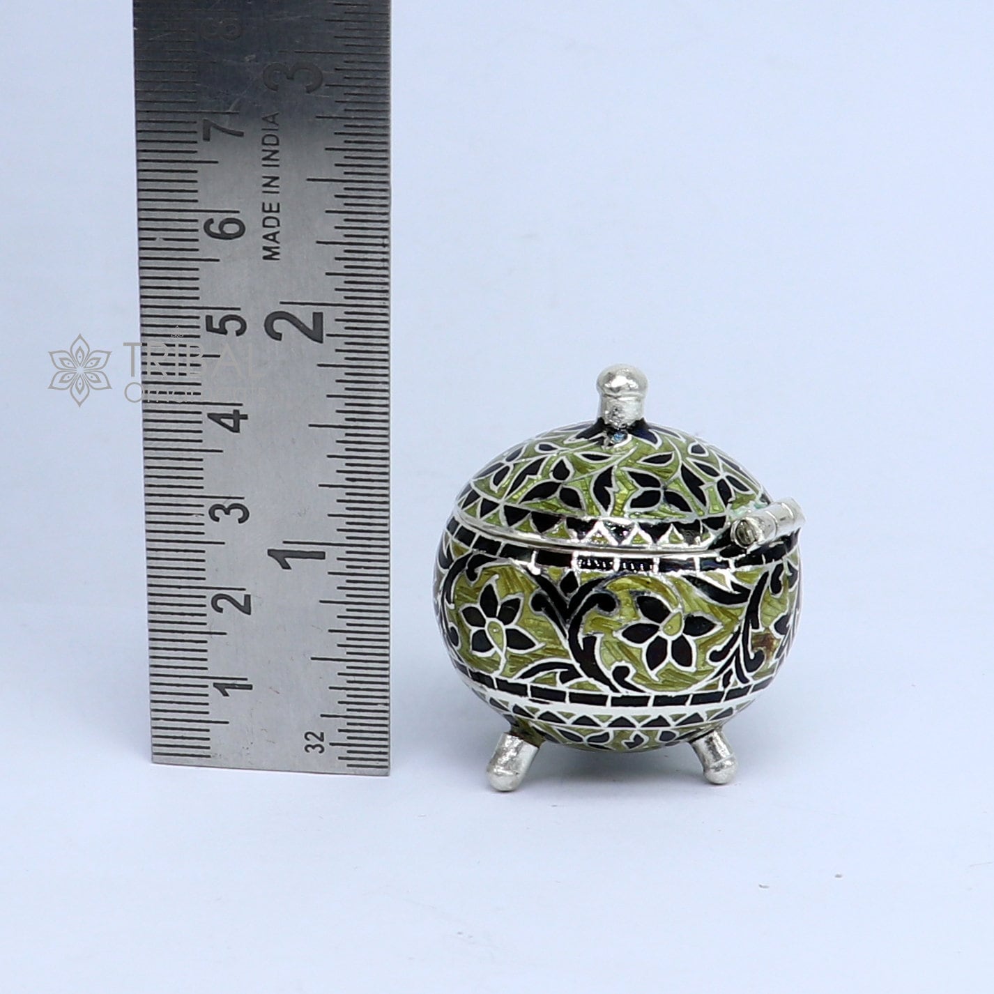 Exclusive enamel work 925 Sterling silver handmade trinket box, Silver container box, casket Sindoor box, enamel work gifting box stb837 - TRIBAL ORNAMENTS