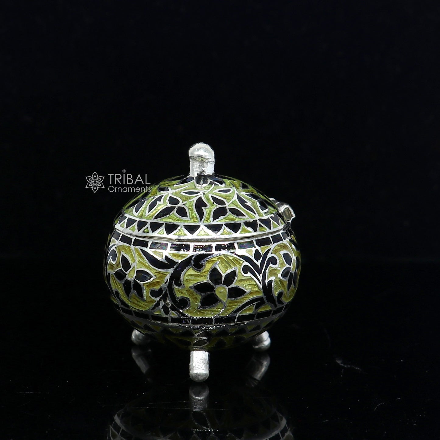 Exclusive enamel work 925 Sterling silver handmade trinket box, Silver container box, casket Sindoor box, enamel work gifting box stb837 - TRIBAL ORNAMENTS