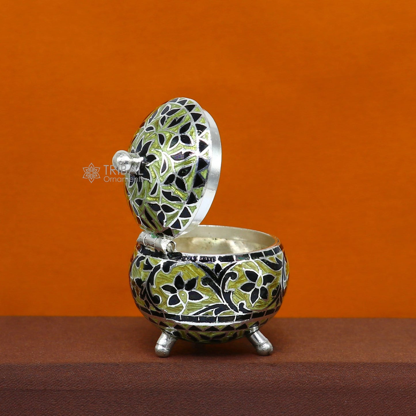 Exclusive enamel work 925 Sterling silver handmade trinket box, Silver container box, casket Sindoor box, enamel work gifting box stb837 - TRIBAL ORNAMENTS
