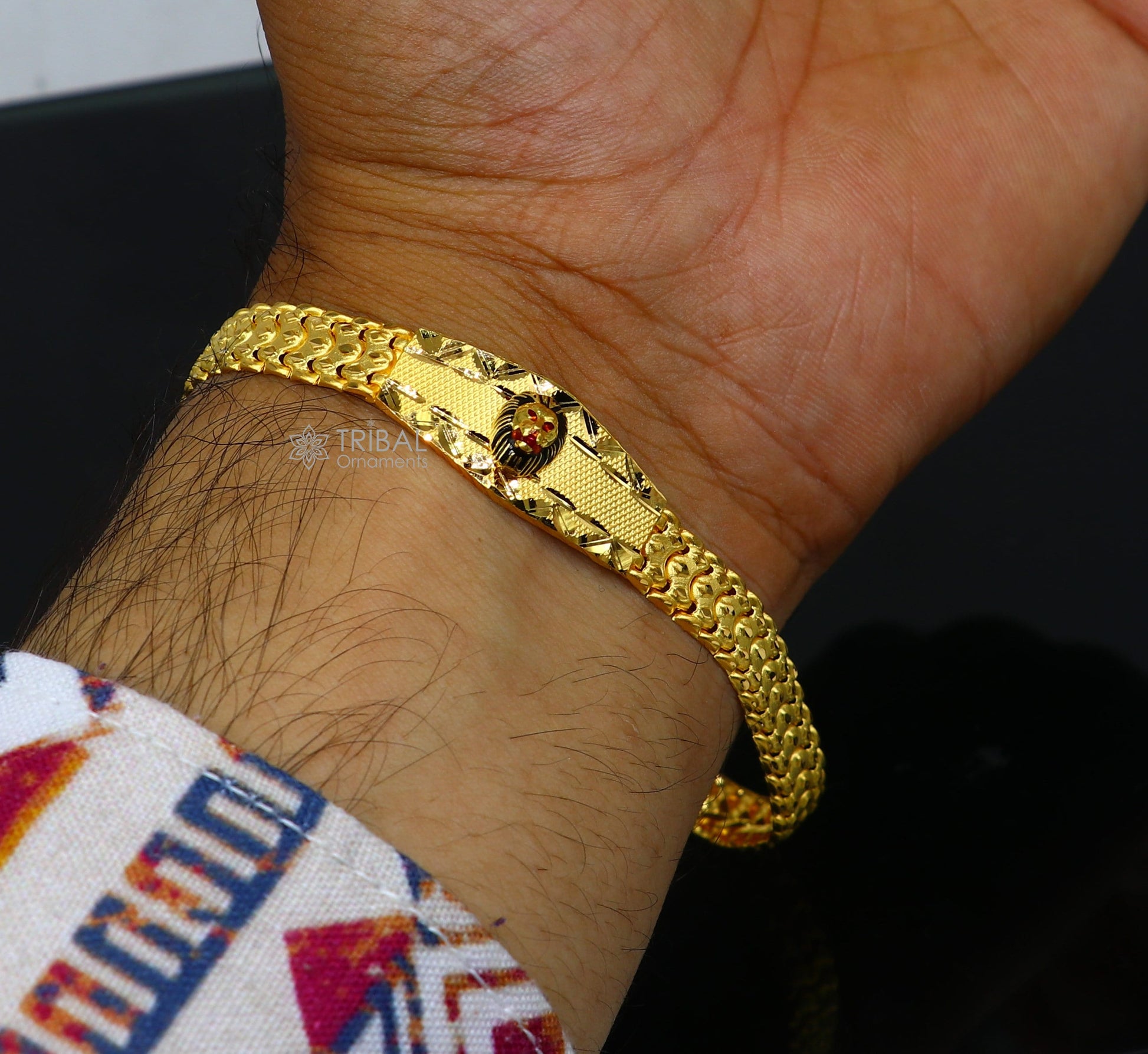 22kt yellow gold handmade unique chain lion bracelet unisex 91.6% gold purity stylish fancy bracelet jewelry best men's gifting gbr78 - TRIBAL ORNAMENTS