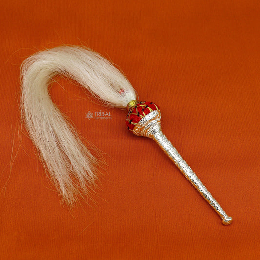 925 sterling silver Vintage style handmade puja chanwar chaur original yalk cow hair, worshipping fan for idols, home temple article su1185 - TRIBAL ORNAMENTS