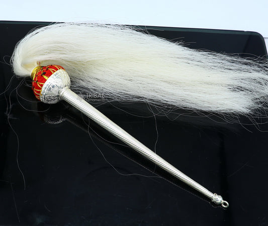 925 sterling silver Vintage style handmade puja chanwar chaur original yalk cow hair, worshipping fan for idols, home temple article su1186 - TRIBAL ORNAMENTS