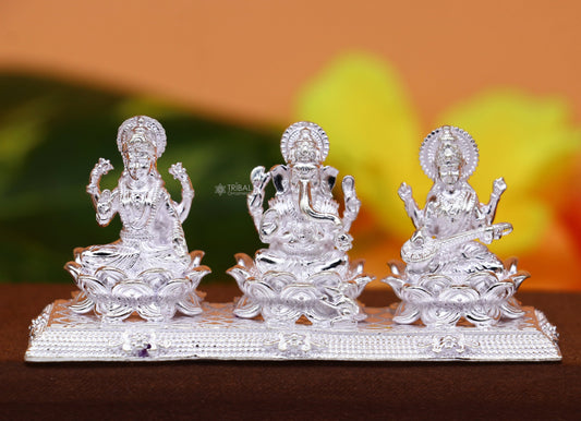 Combo Lakshmi Ganesha and Saraswati 925 Sterling silver puja article figurine statue, Diwali puja brings joy, hope, and wealth art725 - TRIBAL ORNAMENTS