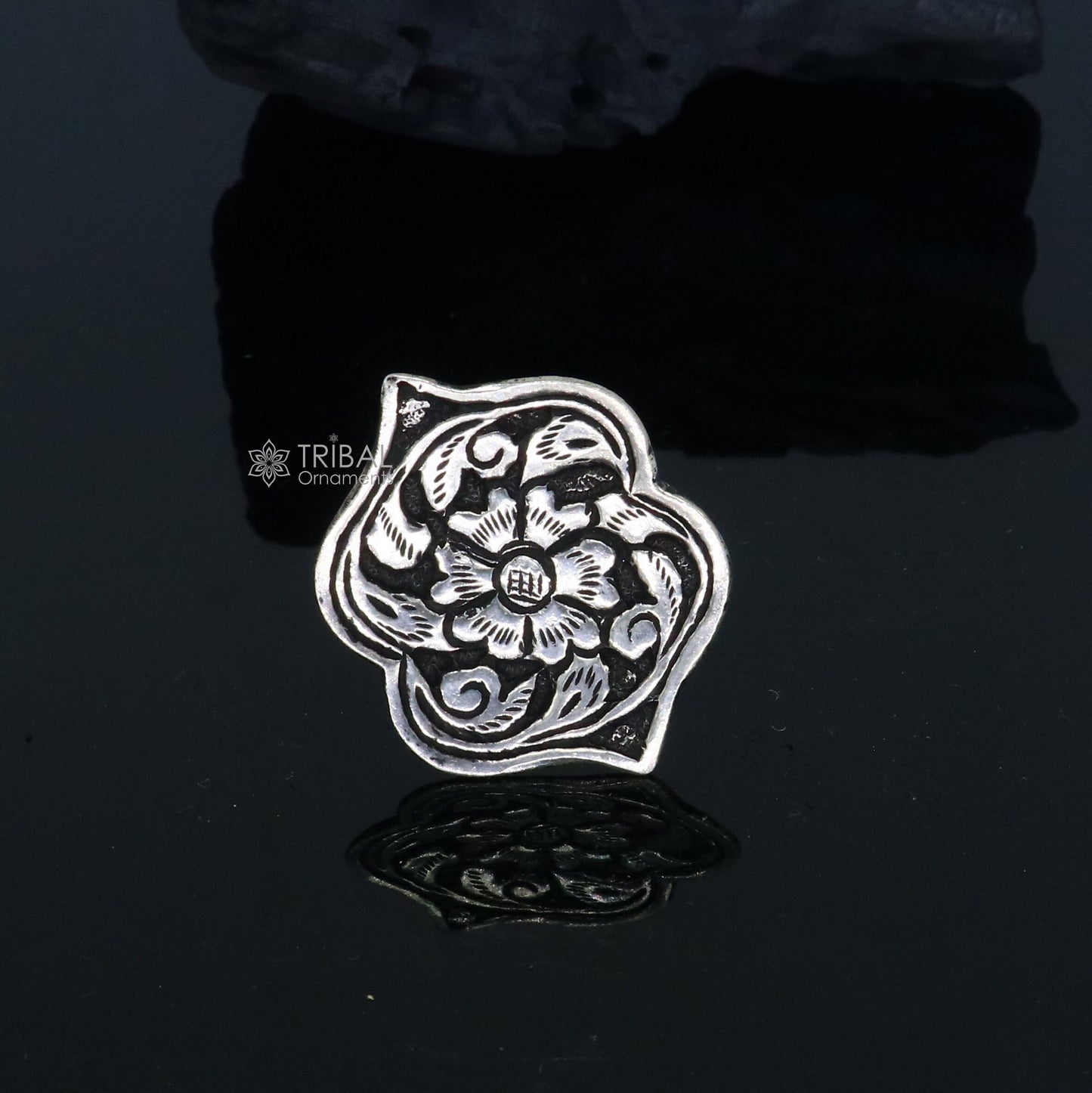 Traditional cultural flower design 925 sterling silver adjustable ring, best tribal ethnic jewelry for belly dance Navratri jewelry sr384 - TRIBAL ORNAMENTS