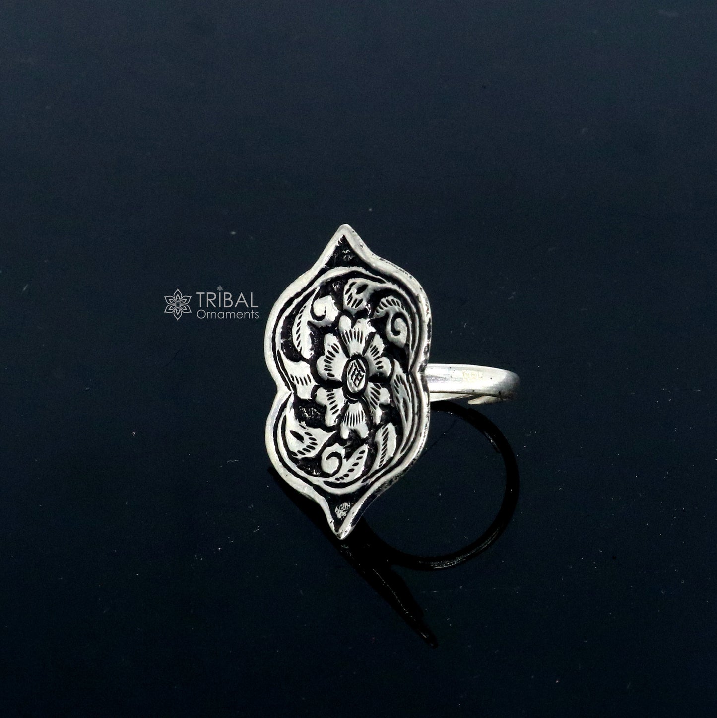 Traditional cultural flower design 925 sterling silver adjustable ring, best tribal ethnic jewelry for belly dance Navratri jewelry sr384 - TRIBAL ORNAMENTS