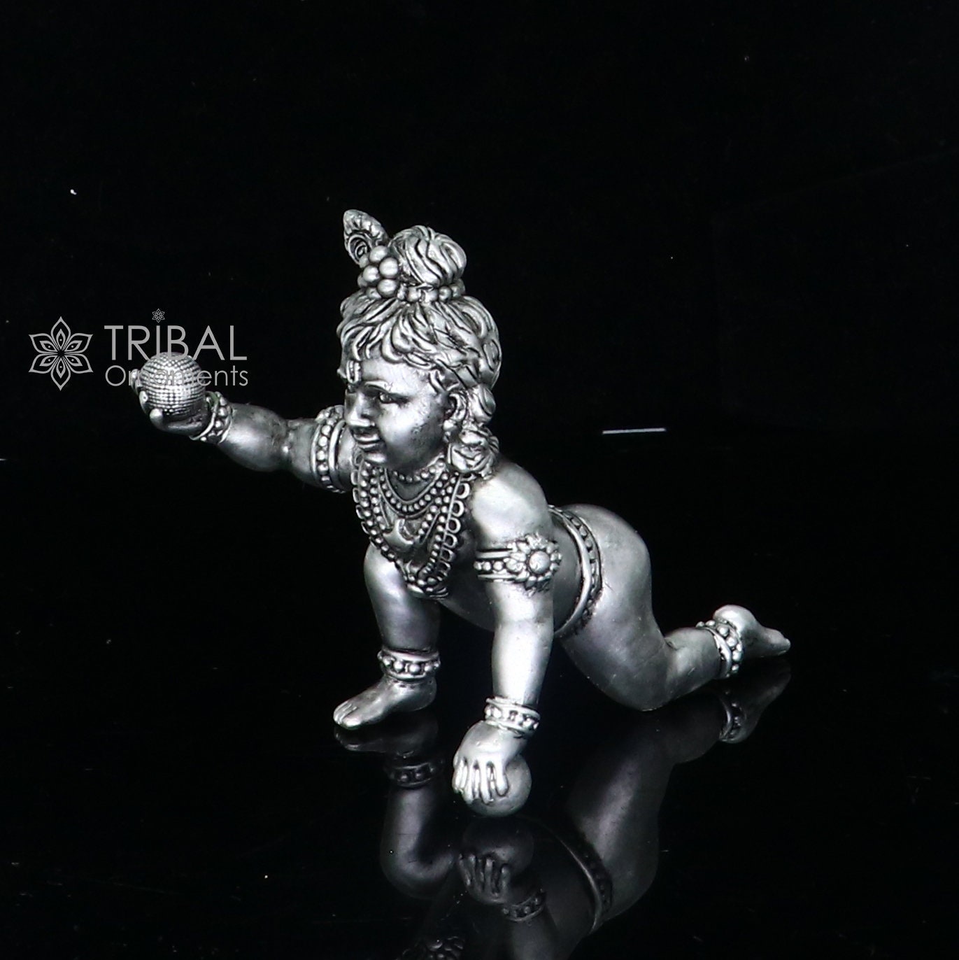 925 Sterling silver Idol Krishna Bal Gopal crawling Krishna statue figurine, silver baby Krishna laddu Gopal sculpture article art698 - TRIBAL ORNAMENTS