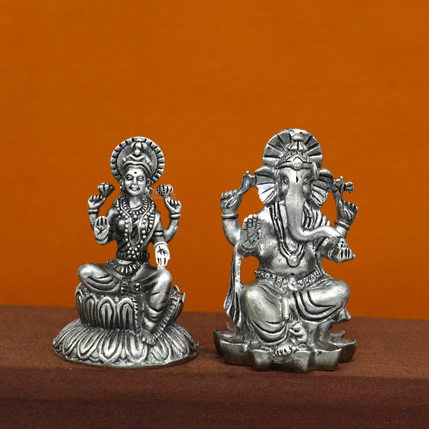 925 Sterling silver Lakshmi and Ganesha Kamlasan statue figurine, puja article Diwali puja brings joy, hope, and wealth to the owners art719 - TRIBAL ORNAMENTS