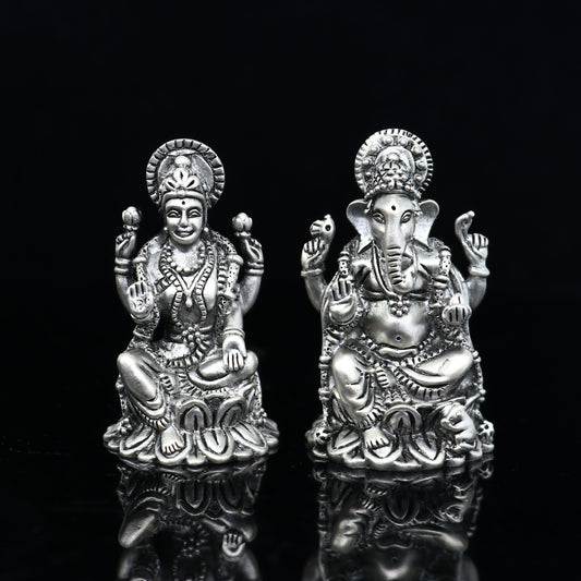 1.5" 925 Sterling silver Lakshmi and Ganesha statue, puja article figurine, Diwali puja brings joy, hope, and wealth to the owners art720 - TRIBAL ORNAMENTS