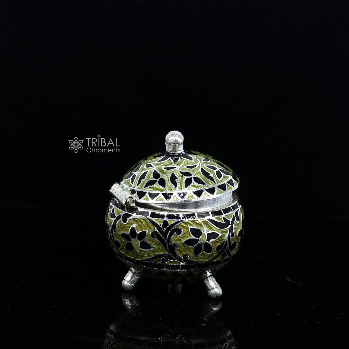 Exclusive enamel work 925 Sterling silver handmade trinket box, Silver container box, casket Sindoor box, enamel work gifting box stb837 - TRIBAL ORNAMENTS