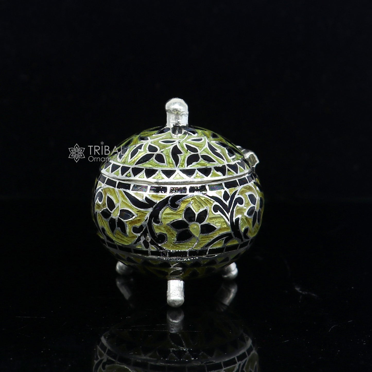 Exclusive enamel work 925 Sterling silver handmade trinket box, Silver container box, casket Sindoor box, enamel work gifting box stb837 - TRIBAL ORNAMENTS