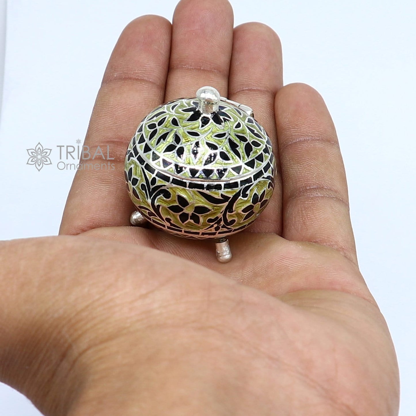 Exclusive enamel work 925 Sterling silver handmade trinket box, Silver container box, casket Sindoor box, enamel work gifting box stb837 - TRIBAL ORNAMENTS