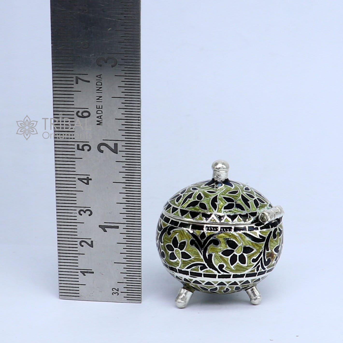 Exclusive enamel work 925 Sterling silver handmade trinket box, Silver container box, casket Sindoor box, enamel work gifting box stb837 - TRIBAL ORNAMENTS