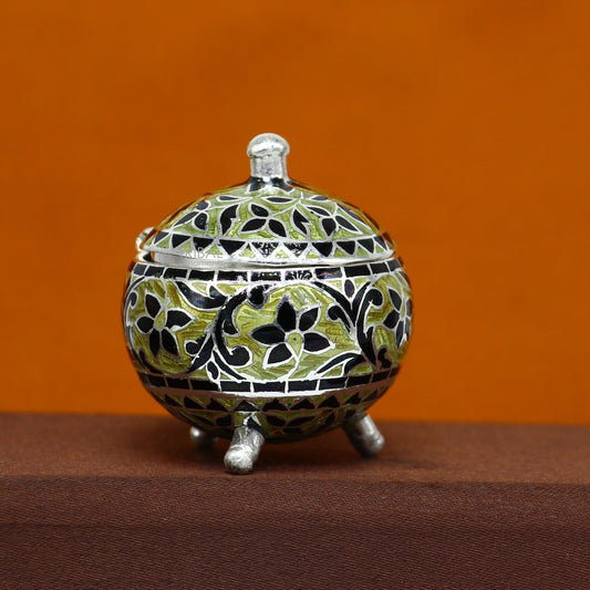 Exclusive enamel work 925 Sterling silver handmade trinket box, Silver container box, casket Sindoor box, enamel work gifting box stb837 - TRIBAL ORNAMENTS