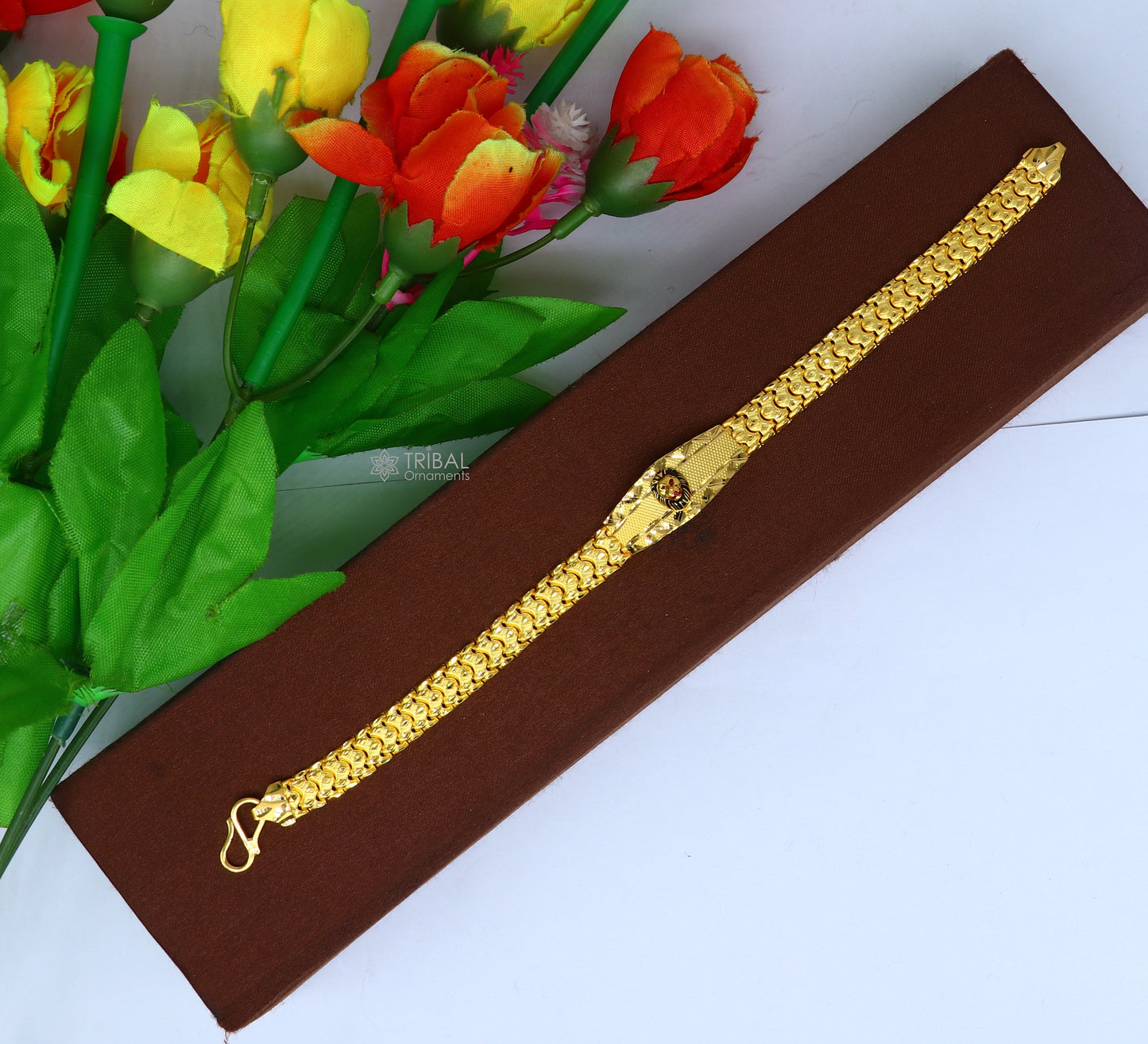 22kt yellow gold handmade unique chain lion bracelet unisex 91.6% gold purity stylish fancy bracelet jewelry best men's gifting gbr78 - TRIBAL ORNAMENTS
