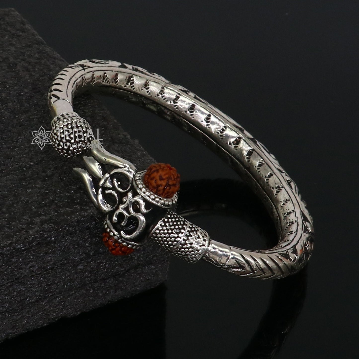925 Sterling silver handmade Vintage style chitai work Lord Shiva trident trishul kada bangle bracelet with Rudraksha customized kada nsk761 - TRIBAL ORNAMENTS