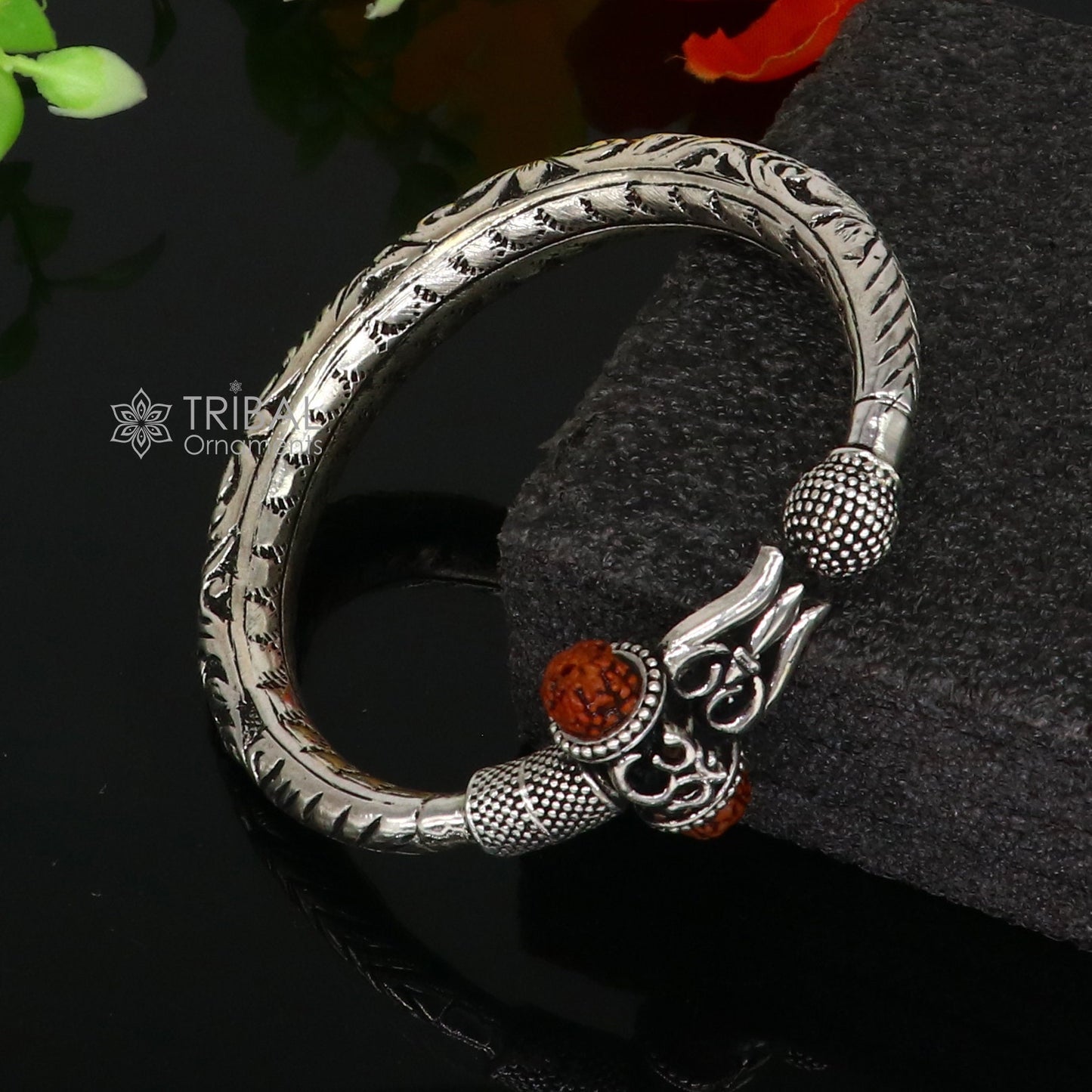 925 Sterling silver handmade Vintage style chitai work Lord Shiva trident trishul kada bangle bracelet with Rudraksha customized kada nsk761 - TRIBAL ORNAMENTS