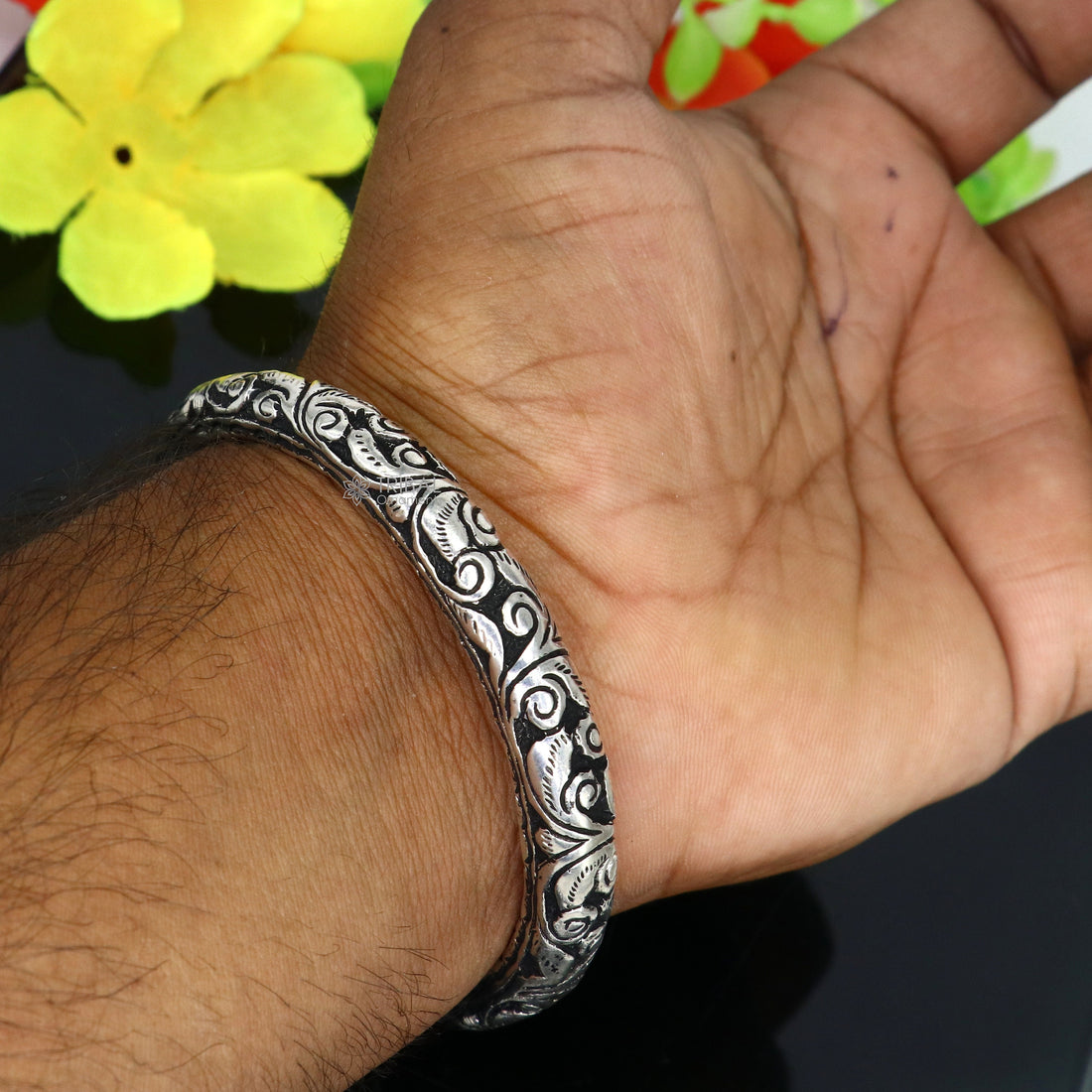 925 Sterling silver handmade Vintage style chitai work Lord Shiva trident trishul kada bangle bracelet with Rudraksha customized kada nsk762 - TRIBAL ORNAMENTS
