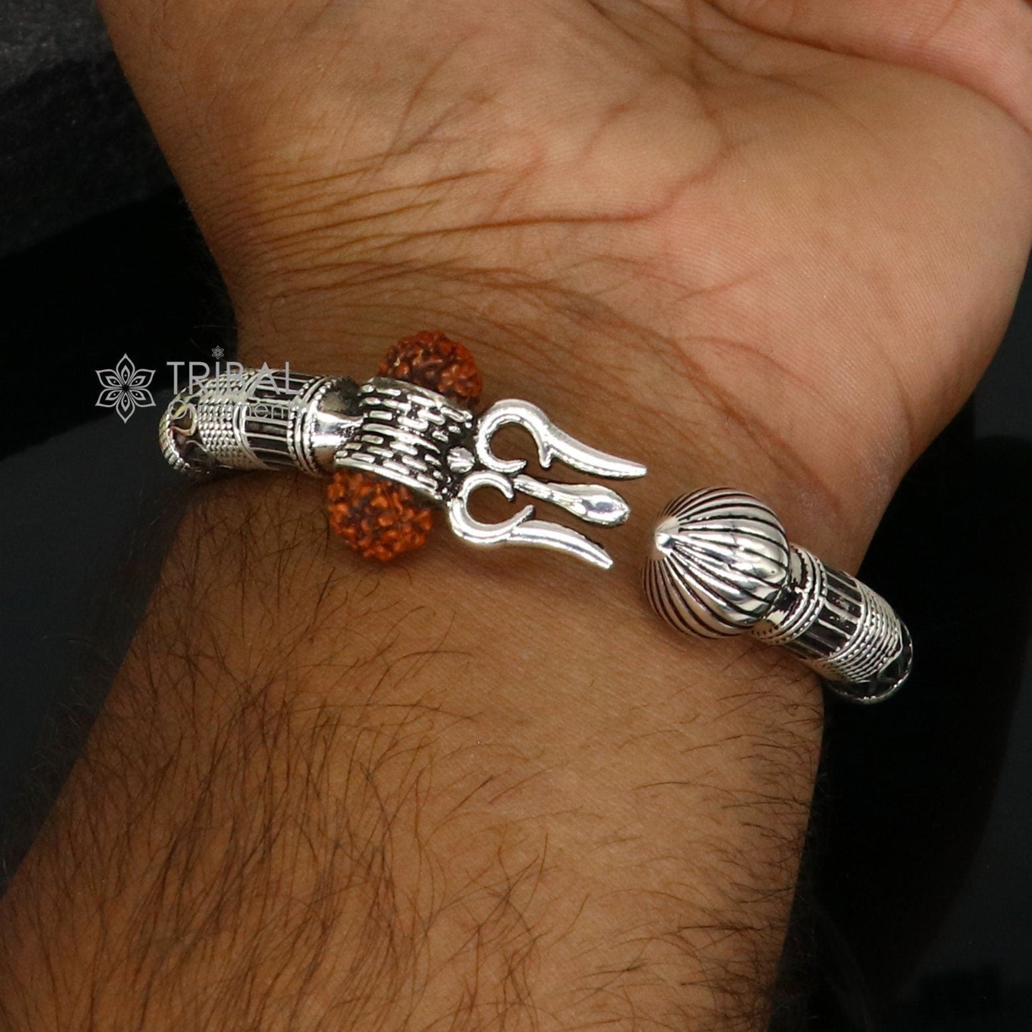 925 Sterling silver handmade plain shiny Lord Shiva trident Trishul Kada bangle bracelet with natural Rudraksha customized kada nsk764 - TRIBAL ORNAMENTS