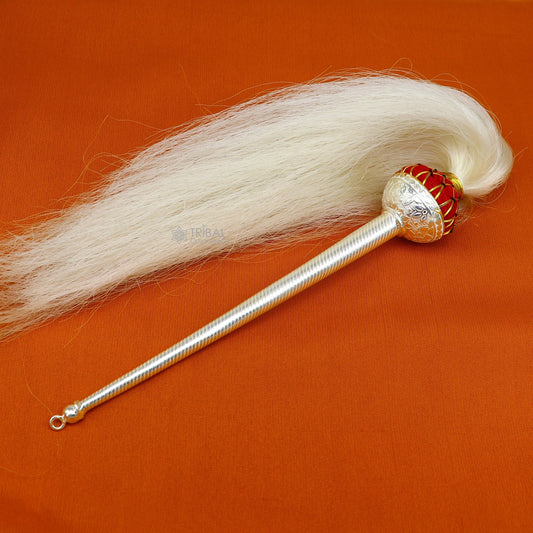 925 sterling silver Vintage style handmade puja chanwar chaur original yalk cow hair, worshipping fan for idols, home temple article su1186 - TRIBAL ORNAMENTS