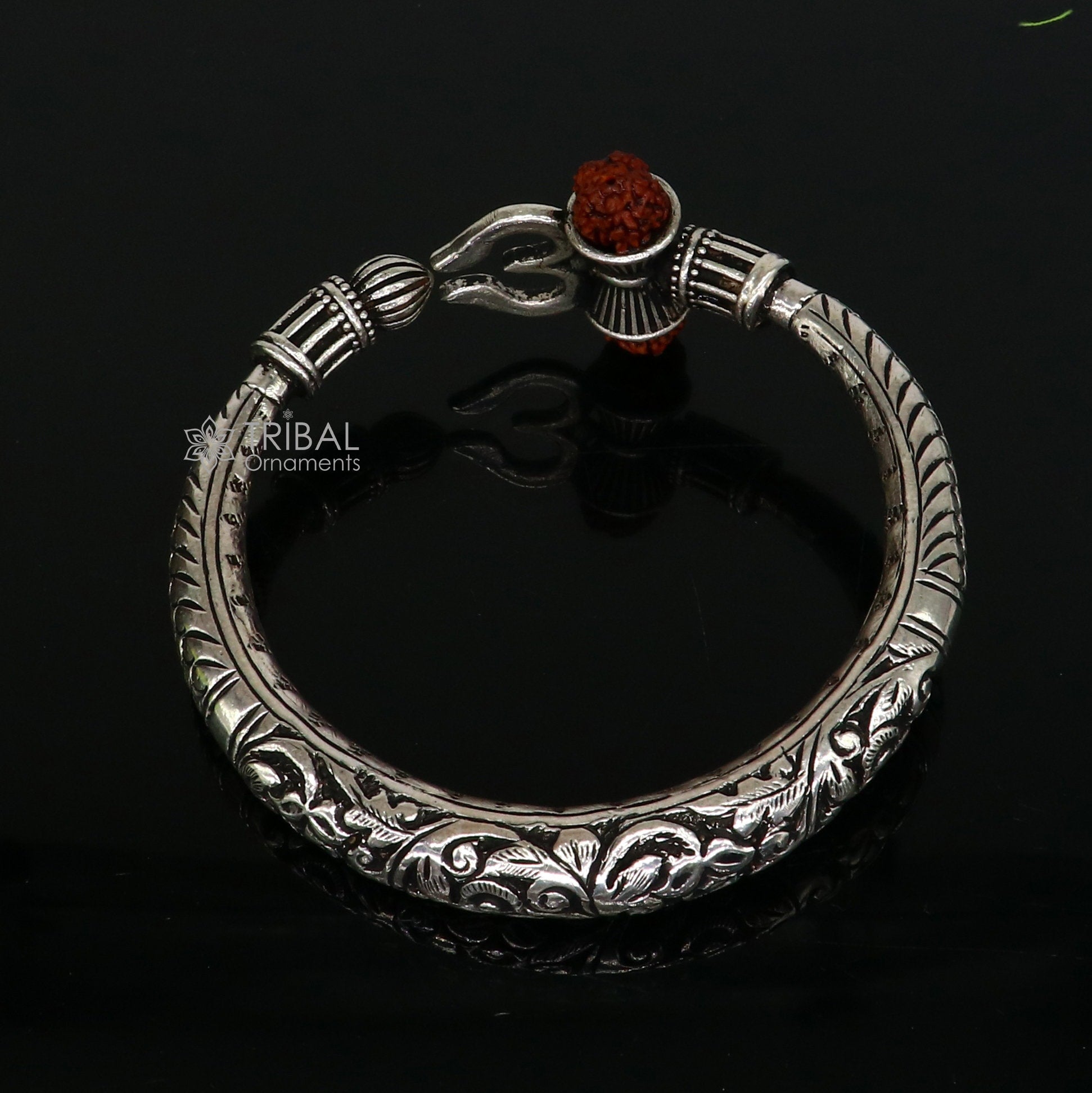 925 Sterling silver handmade Vintage style chitai work Lord Shiva trident trishul kada bangle bracelet with Rudraksha customized kada nsk767 - TRIBAL ORNAMENTS
