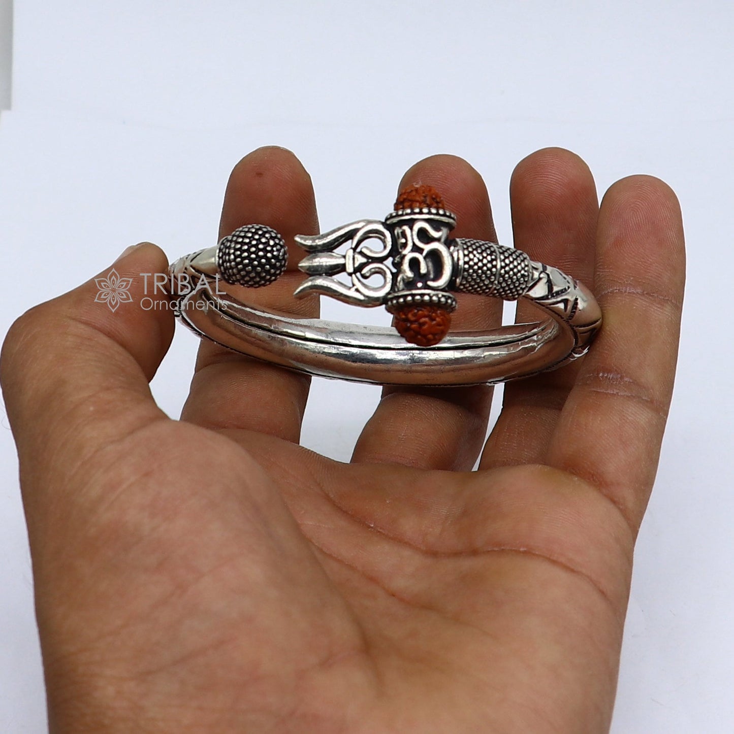 925 Sterling silver handmade Vintage style unique work Lord Shiva trident trishul kada bangle bracelet with Rudraksha customized kada nsk770 - TRIBAL ORNAMENTS