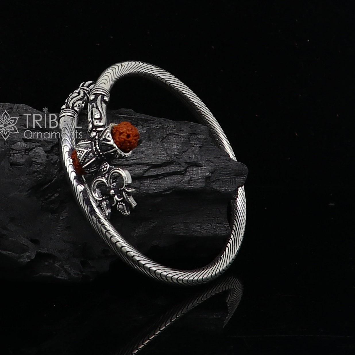 925 sterling silver gorgeous Lord shiva trident trishool kada bangle bracelet with fabulous natural rudraksha antique jewelry nsk771 - TRIBAL ORNAMENTS