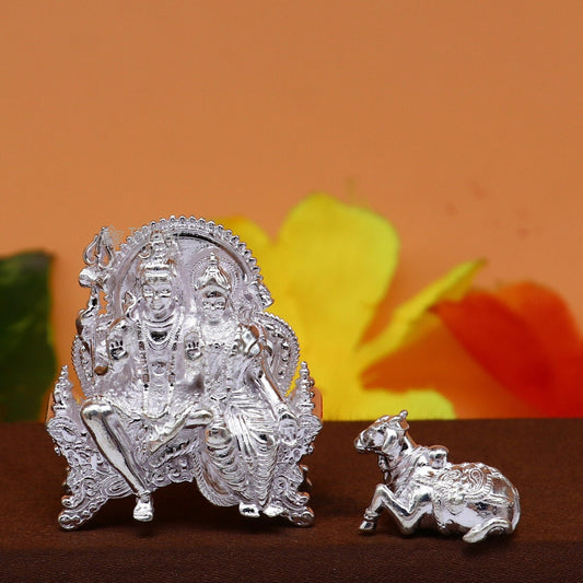 925 Sterling silver idols Lord Shiva and goddess Parwati maa and nandi divine statue figurine, puja articles best gift silver article art724 - TRIBAL ORNAMENTS