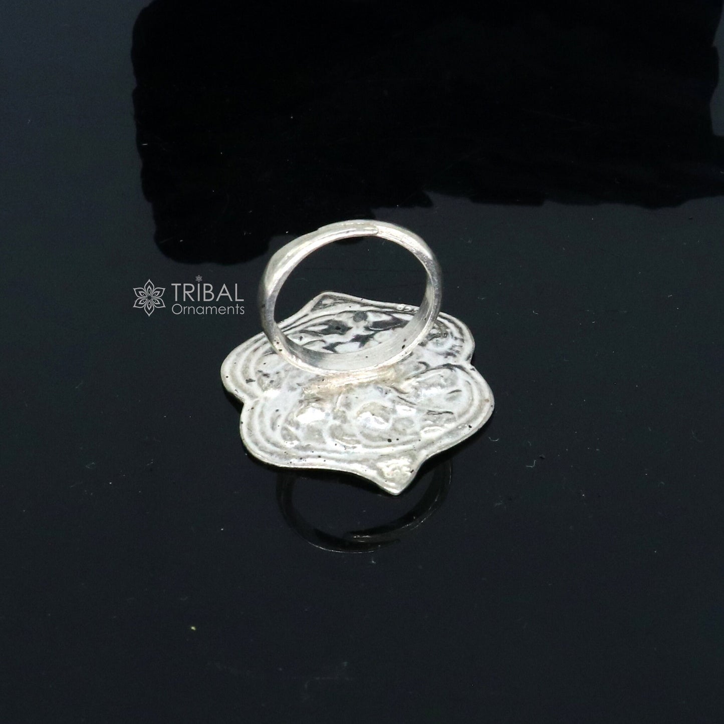 Traditional cultural flower design 925 sterling silver adjustable ring, best tribal ethnic jewelry for belly dance Navratri jewelry sr384 - TRIBAL ORNAMENTS