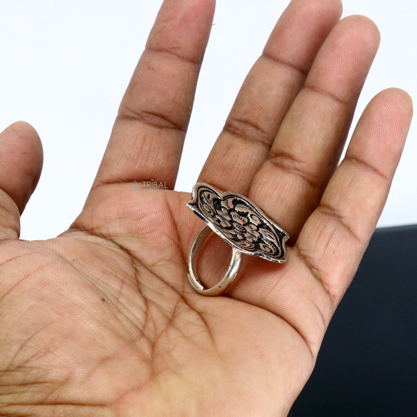 Traditional cultural flower design 925 sterling silver adjustable ring, best tribal ethnic jewelry for belly dance Navratri jewelry sr384 - TRIBAL ORNAMENTS