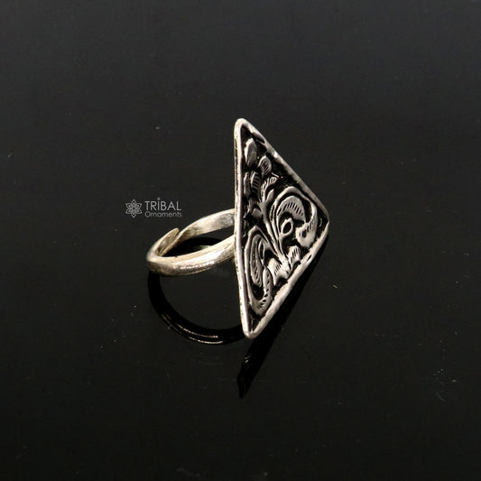 Triangle shape Traditional cultural design 925 sterling silver adjustable ring, best tribal ethnic jewelry Navratri dance jewelry sr387 - TRIBAL ORNAMENTS