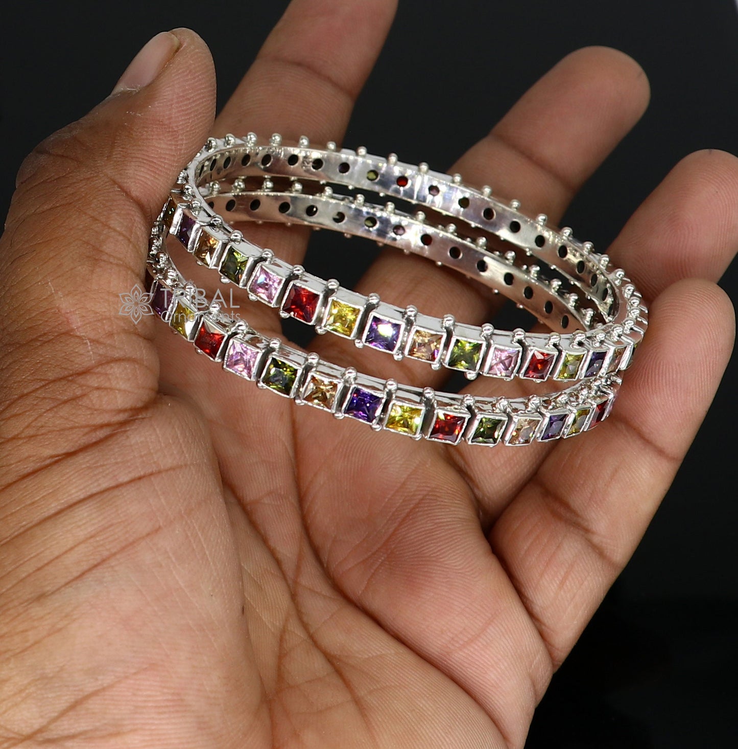 925 sterling silver multicolor square shape stone wedding anniversary gifting functional bangle bracelet  vintage tribal jewelry nba406 - TRIBAL ORNAMENTS