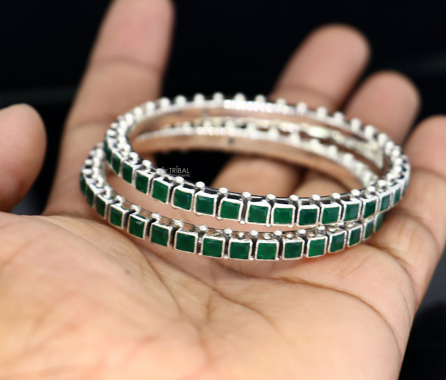 925 sterling silver green square shape stone wedding anniversary gifting functional bangle bracelet vintage tribal jewelry nba407 - TRIBAL ORNAMENTS