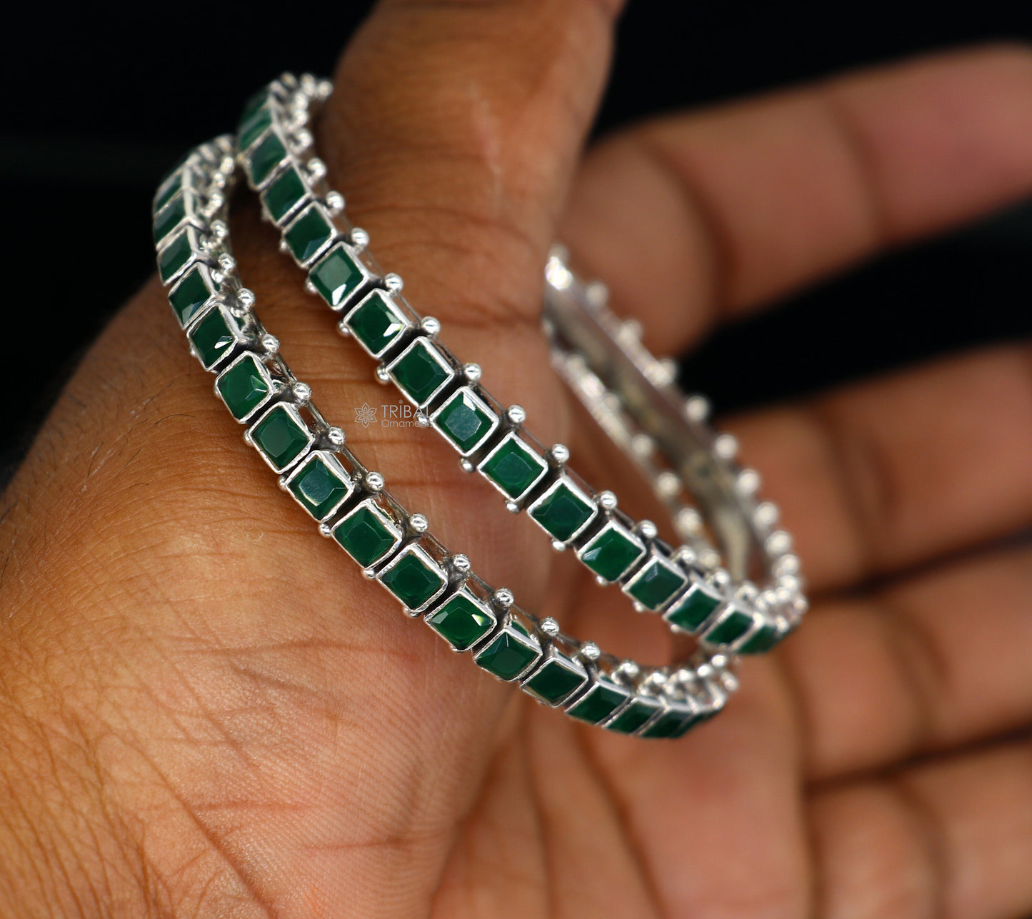 925 sterling silver green square shape stone wedding anniversary gifting functional bangle bracelet vintage tribal jewelry nba407 - TRIBAL ORNAMENTS