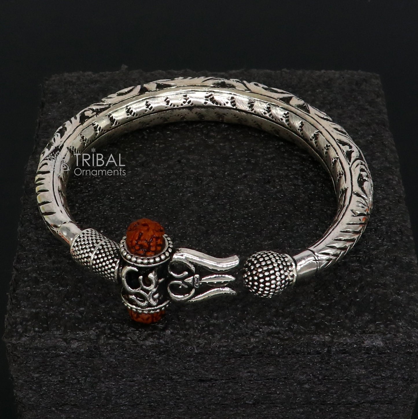 925 Sterling silver handmade Vintage style chitai work Lord Shiva trident trishul kada bangle bracelet with Rudraksha customized kada nsk761 - TRIBAL ORNAMENTS