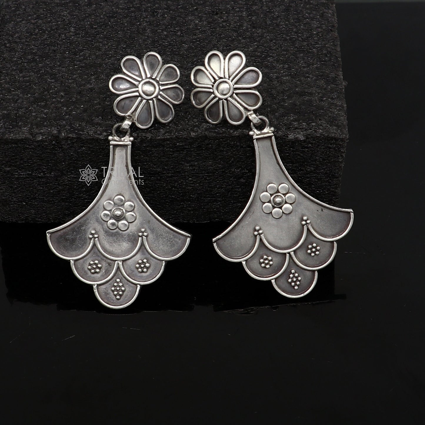 925 Sterling silver handmade traditional cultural design drop dangler fancy earrings, best party functional Navratri jewelry s1237 - TRIBAL ORNAMENTS