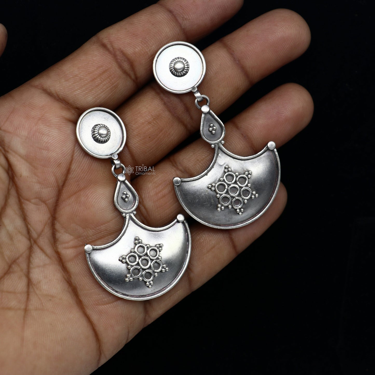 925 Sterling silver handmade traditional cultural design drop dangler fancy earrings, best party functional Navratri jewelry s1238 - TRIBAL ORNAMENTS