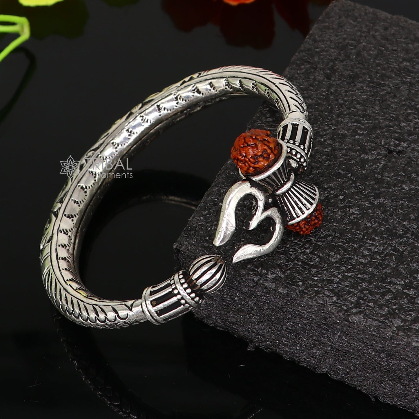 925 Sterling silver handmade Vintage style chitai work Lord Shiva trident trishul kada bangle bracelet with Rudraksha customized kada nsk767 - TRIBAL ORNAMENTS