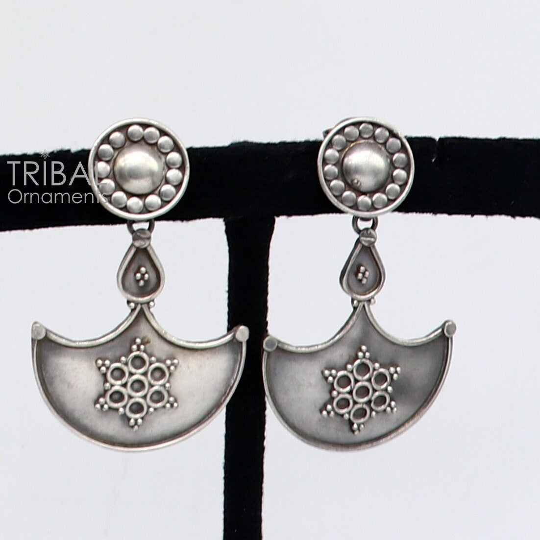 925 Sterling silver handmade traditional cultural design drop dangler fancy earrings, best party functional Navratri jewelry s1240 - TRIBAL ORNAMENTS