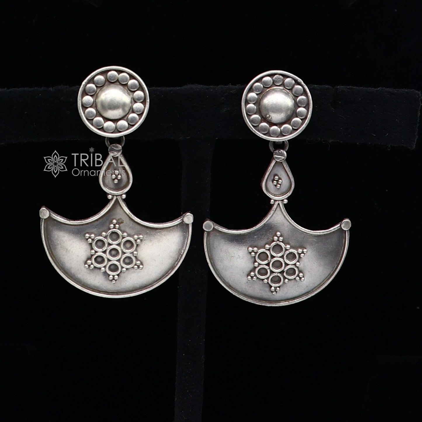 925 Sterling silver handmade traditional cultural design drop dangler fancy earrings, best party functional Navratri jewelry s1240 - TRIBAL ORNAMENTS