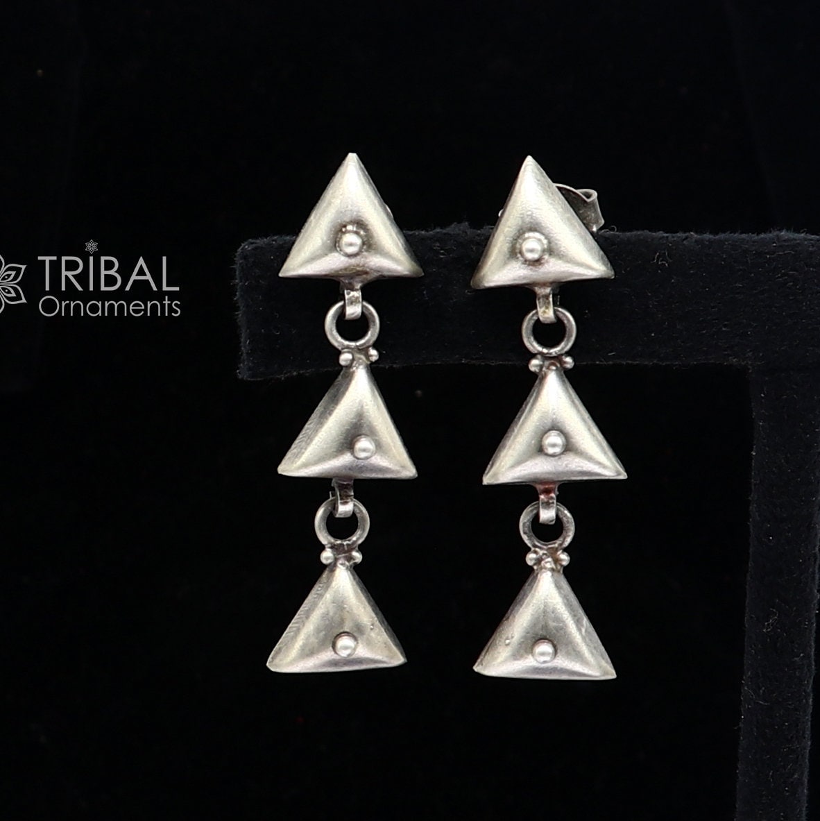 925 Sterling silver handmade traditional cultural design 3 steps drop dangler fancy earrings, best party functional Navratri jewelry s1251 - TRIBAL ORNAMENTS