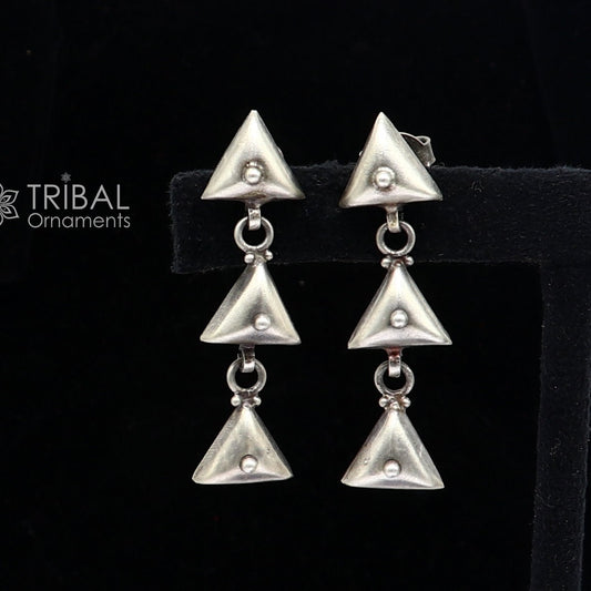 925 Sterling silver handmade traditional cultural design 3 steps drop dangler fancy earrings, best party functional Navratri jewelry s1251 - TRIBAL ORNAMENTS