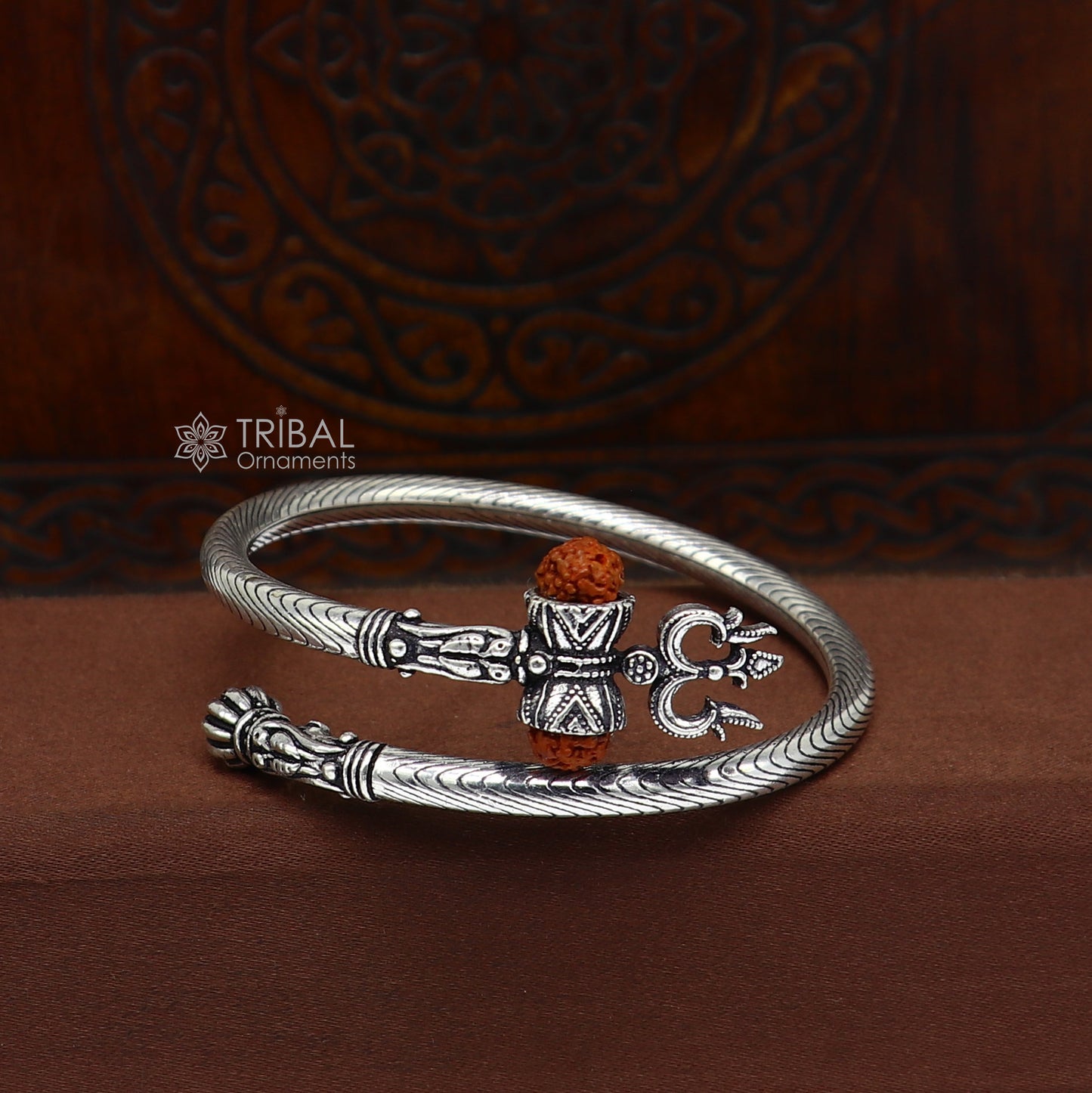 925 sterling silver gorgeous Lord shiva trident trishool kada bangle bracelet with fabulous natural rudraksha antique jewelry nsk771 - TRIBAL ORNAMENTS