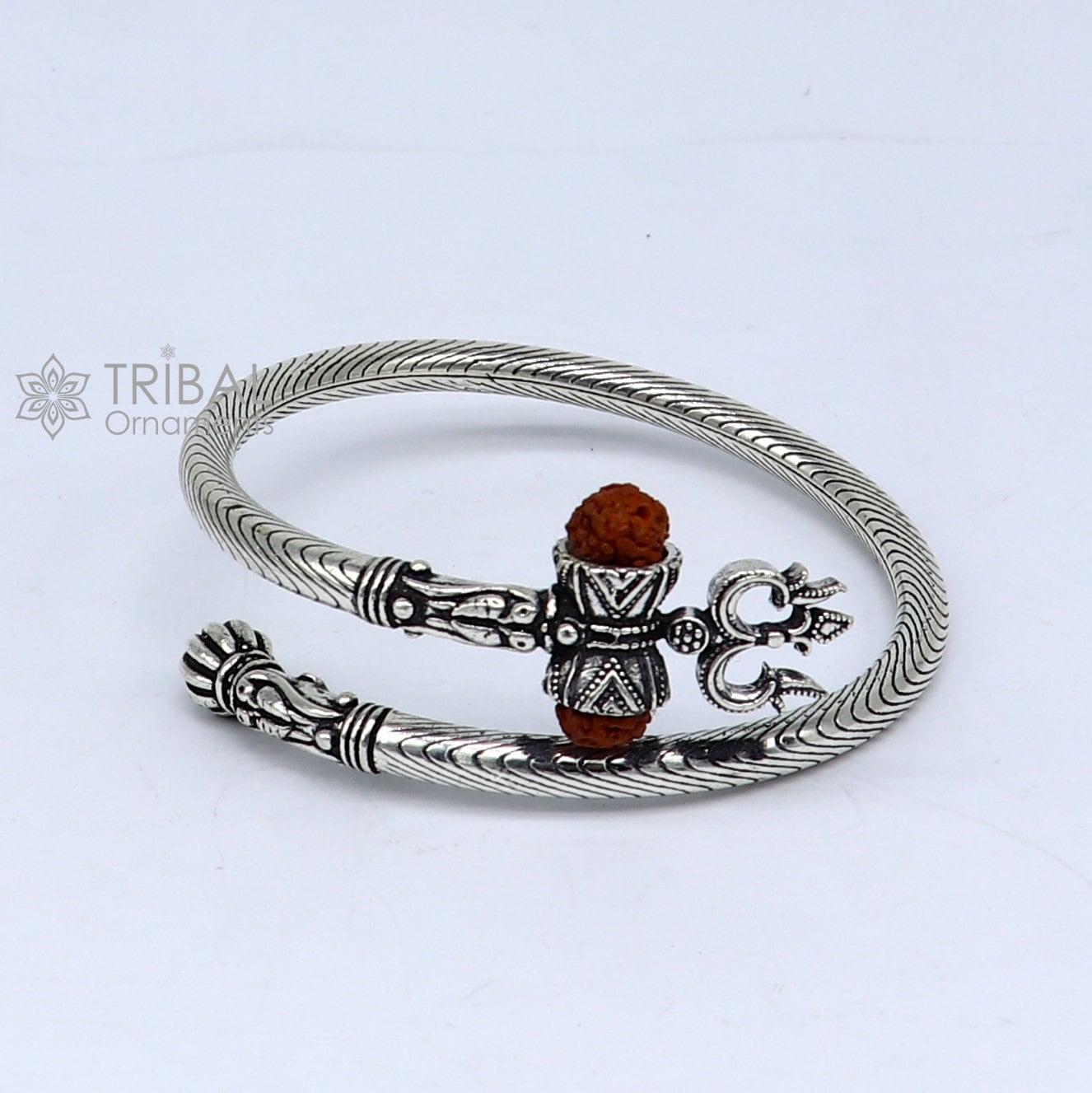 925 sterling silver gorgeous Lord shiva trident trishool kada bangle bracelet with fabulous natural rudraksha antique jewelry nsk771 - TRIBAL ORNAMENTS