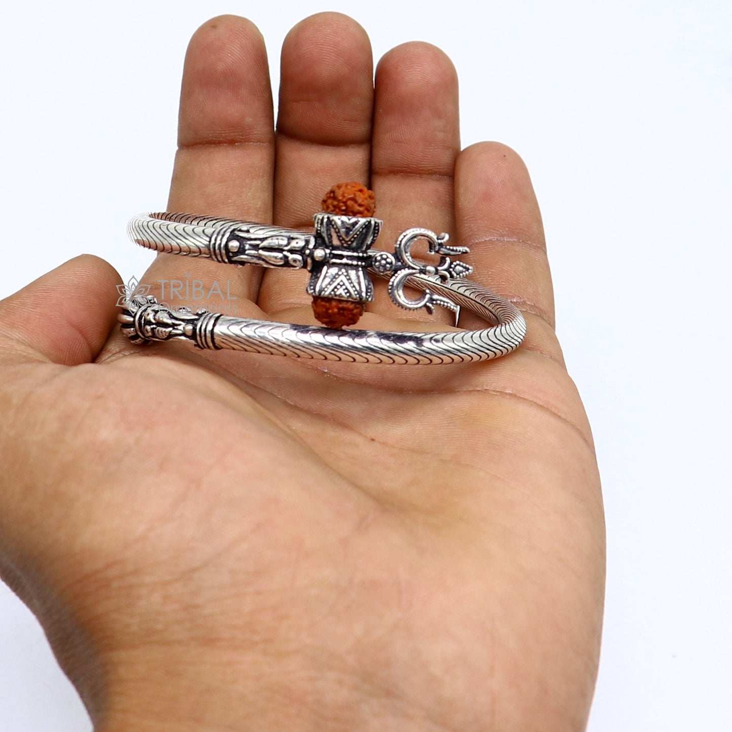 925 sterling silver gorgeous Lord shiva trident trishool kada bangle bracelet with fabulous natural rudraksha antique jewelry nsk771 - TRIBAL ORNAMENTS