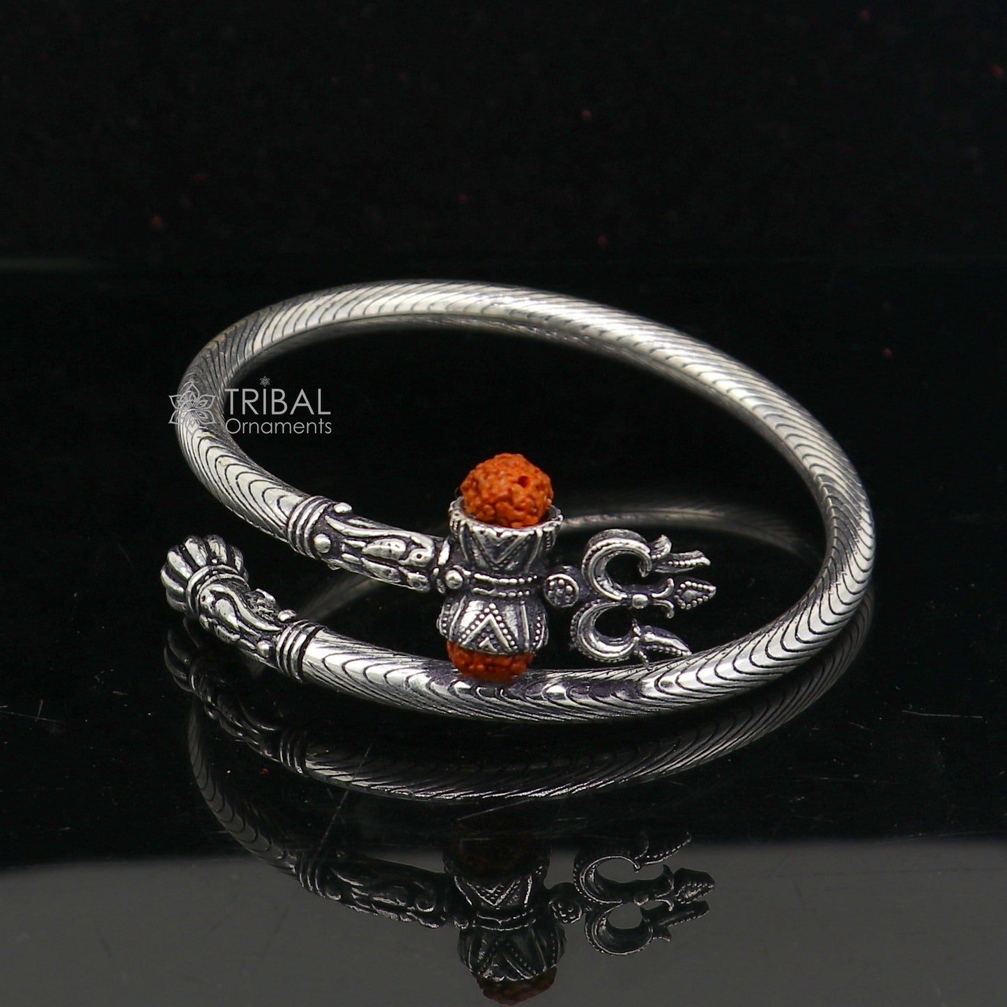 925 sterling silver gorgeous Lord shiva trident trishool kada bangle bracelet with fabulous natural rudraksha antique jewelry nsk771 - TRIBAL ORNAMENTS