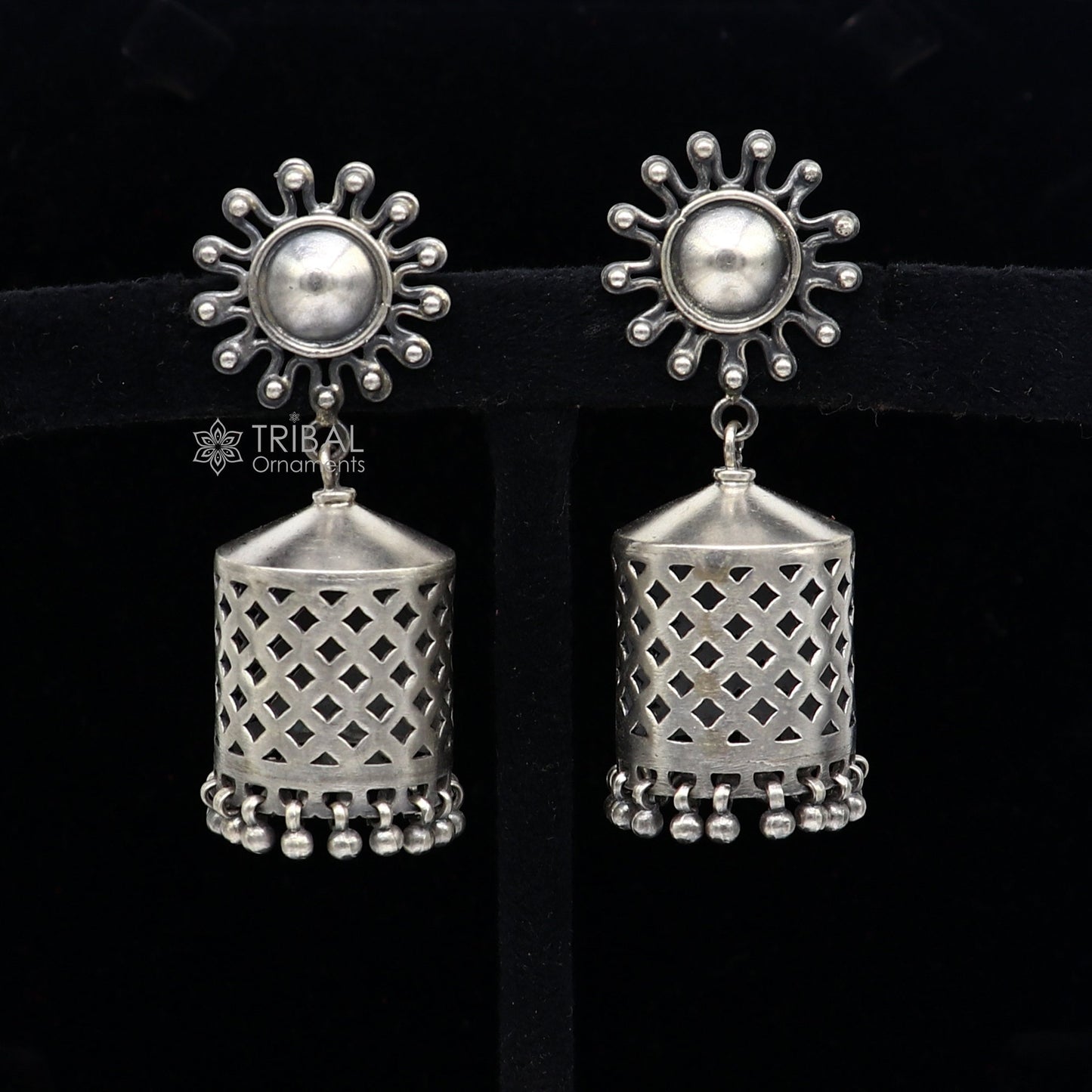 925 Sterling silver handmade traditional cultural design drop dangler jhumka earrings, best party functional Navratri jewelry s1236 - TRIBAL ORNAMENTS