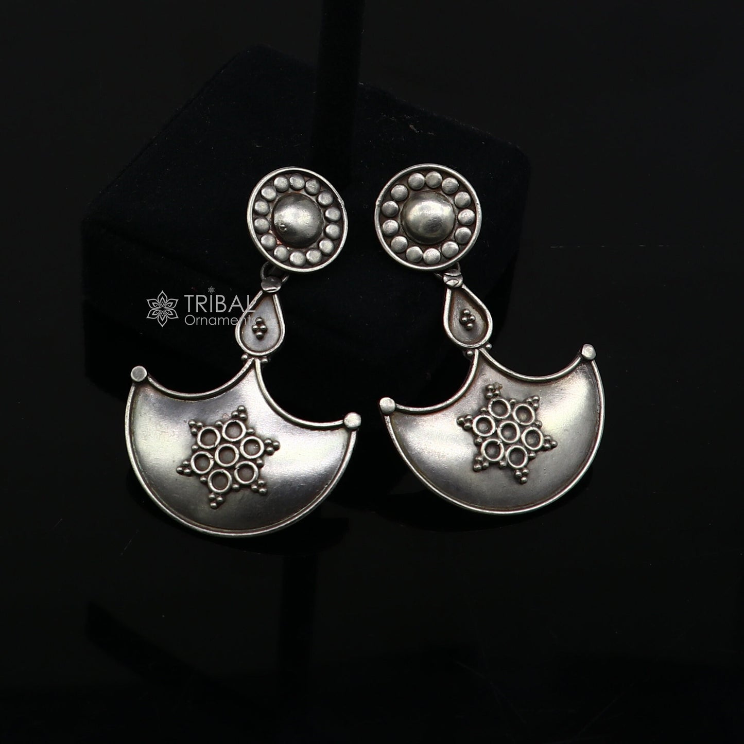 925 Sterling silver handmade traditional cultural design drop dangler fancy earrings, best party functional Navratri jewelry s1240 - TRIBAL ORNAMENTS