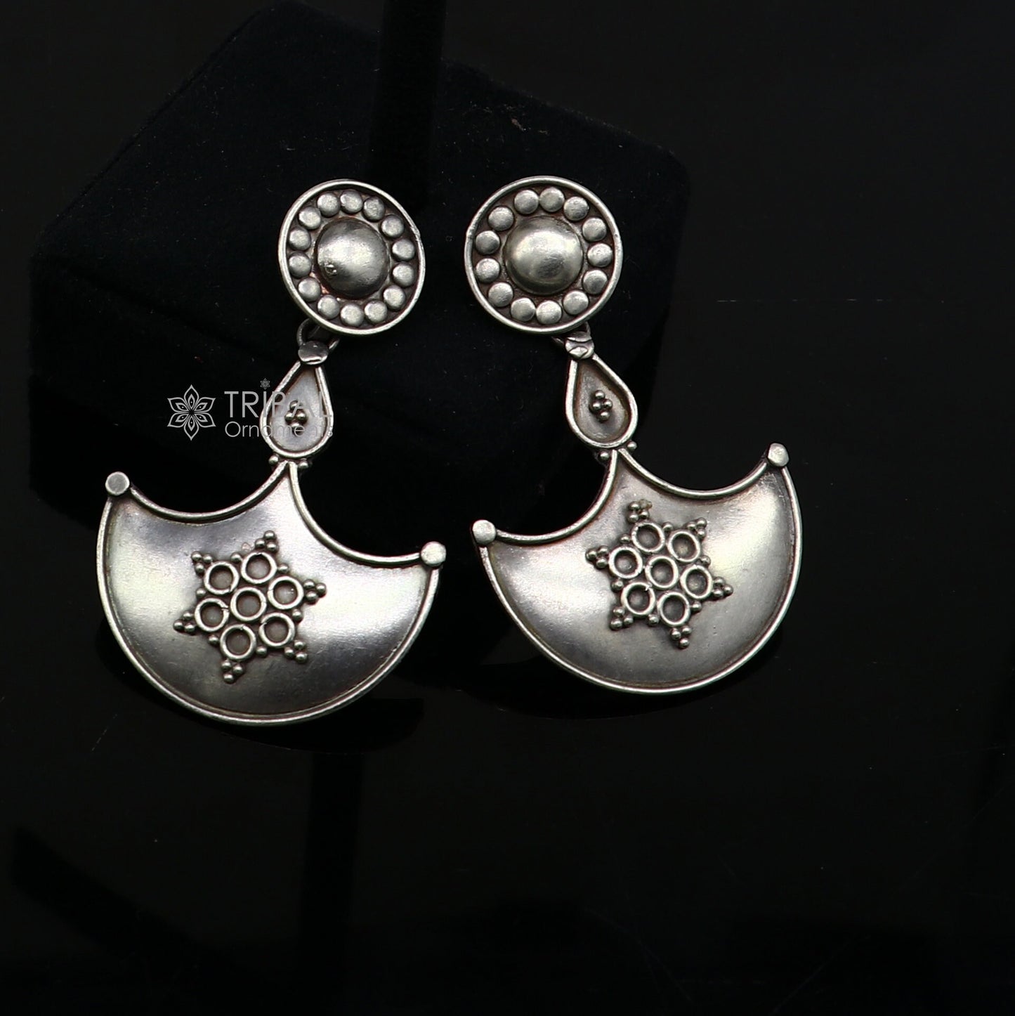 925 Sterling silver handmade traditional cultural design drop dangler fancy earrings, best party functional Navratri jewelry s1240 - TRIBAL ORNAMENTS