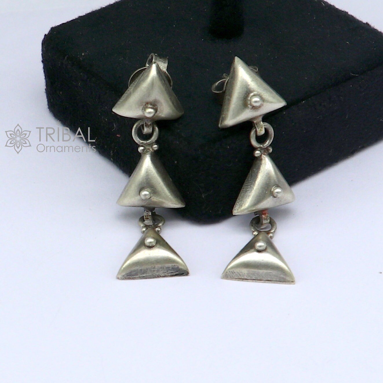 925 Sterling silver handmade traditional cultural design 3 steps drop dangler fancy earrings, best party functional Navratri jewelry s1251 - TRIBAL ORNAMENTS